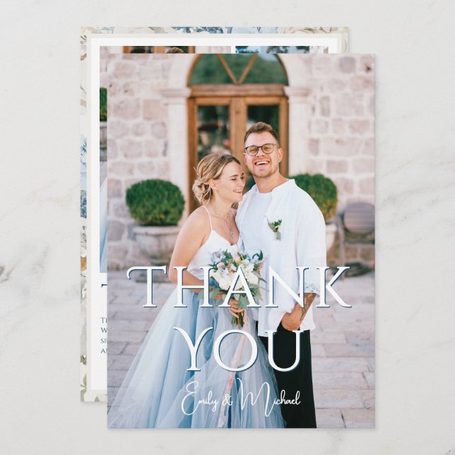 Cartão De Agradecimento Casamento Romântico de Fotos Florais Azuis (Frente/Verso)