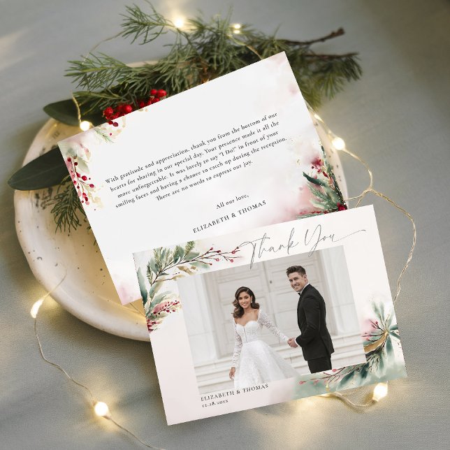 Cartão De Agradecimento Casamento Romântico de Natal de Inverno Agradecime (winter christmas wedding bridal shower thank you card greenery botanical berries red green gold chic)