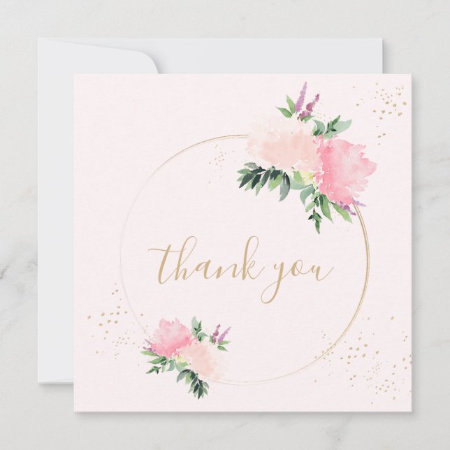 Cartão De Agradecimento Casamento Romântico Dourado Rosa Floral (Frente)