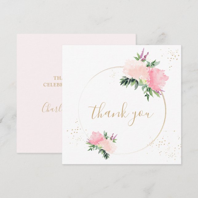 Cartão De Agradecimento Casamento Romântico Dourado Rosa Floral (Frente/Verso)