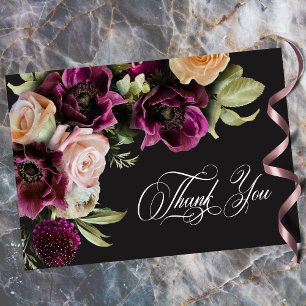 Cartão De Agradecimento Casamento Romântico Floral Escuro Burgundy Preto T