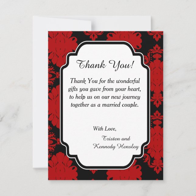 Cartão De Agradecimento Casamento Romântico Red Damask 4x5 Flat Obrigado (Frente)