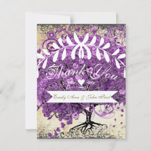 Cartão De Agradecimento Casamento romântico roxo brilhante da folha do
