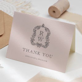 Cartão De Agradecimento Casamento Rosa Bege com Crista Monograma Elegante