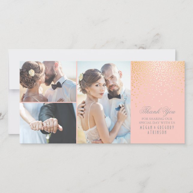 Cartão De Agradecimento Casamento Rosa Dourado com o Glamor Confetti (Frente)