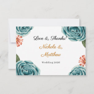 Cartão De Agradecimento Casamento Rosa Verde Água e Margarida Laranja