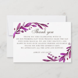 Cartão De Agradecimento Casamento roxo aquarela. Botânica lilás elegante