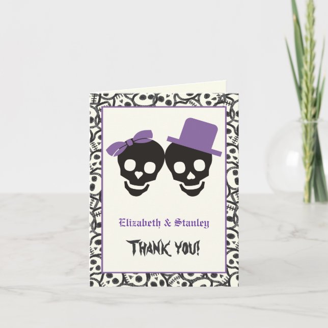 Cartão De Agradecimento Casamento roxo de Halloween - Skulls Elegantes Obr (Frente)