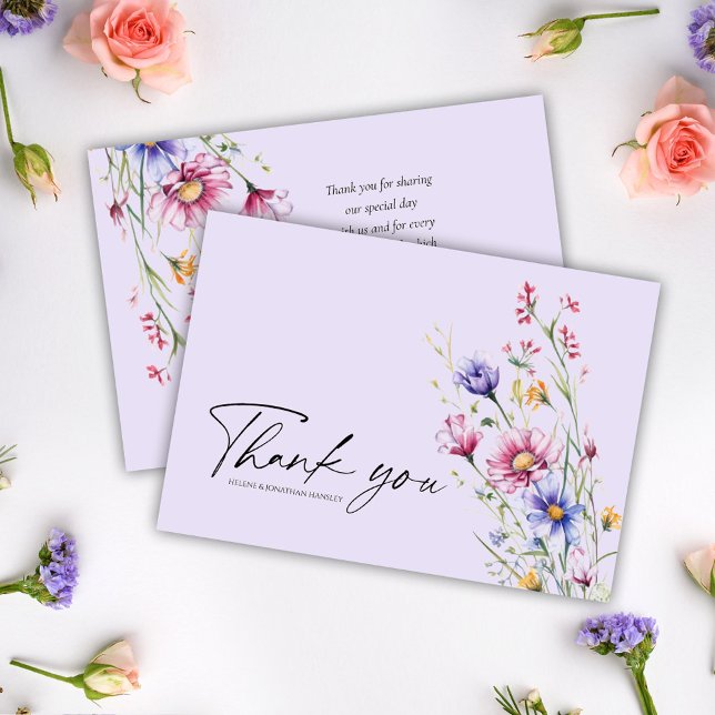Cartão De Agradecimento Casamento Roxo-Moderno de Flor Selvagem Imunológic (Purple Elegant Wildflower Wedding Thank You Card)
