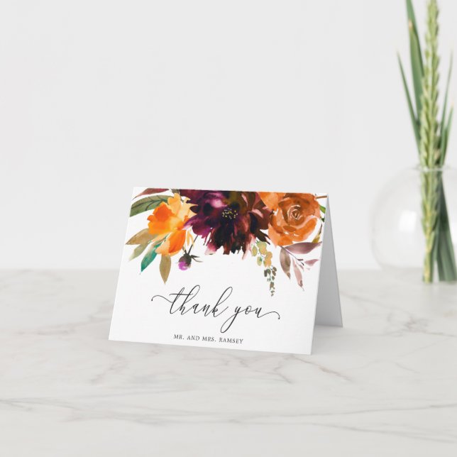 Cartão De Agradecimento Casamento Russo Floral de Laranja Queimado (Frente)