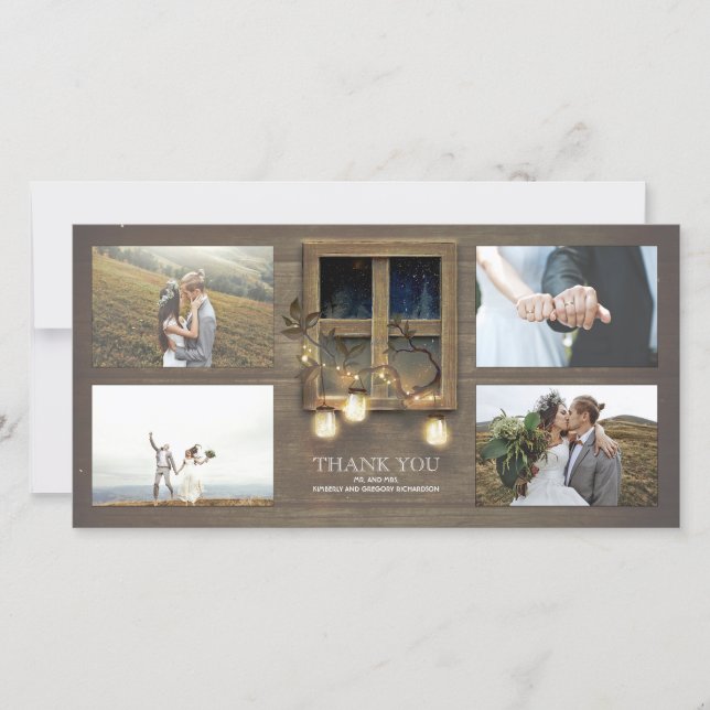 Cartão De Agradecimento Casamento Rustic Barn Mason Jar Lights Obrigado (Frente)