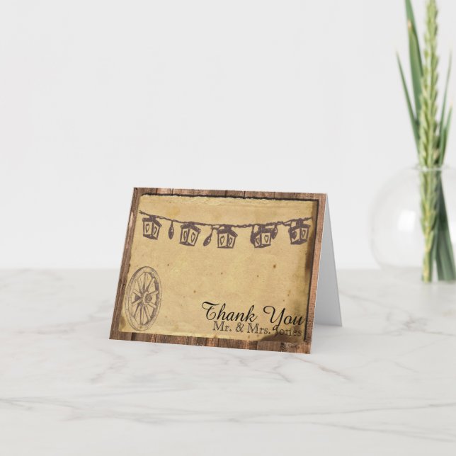 Cartão De Agradecimento Casamento Rustic Barn Wood Lantern Obrigado (Frente)