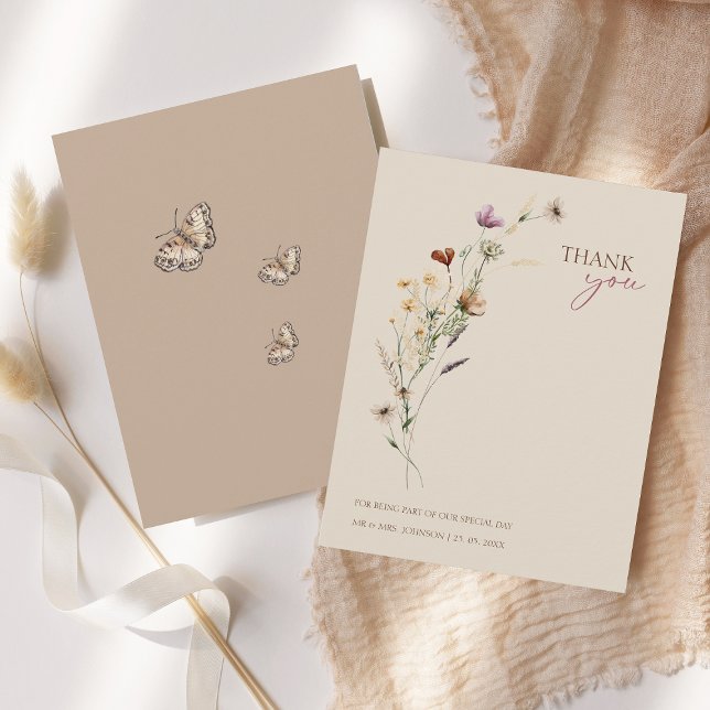 Cartão De Agradecimento Casamento Rustic Brown Wildflower e Borboletas (Rustic Brown Wildflowers and Butterflies Wedding Thank You Card)