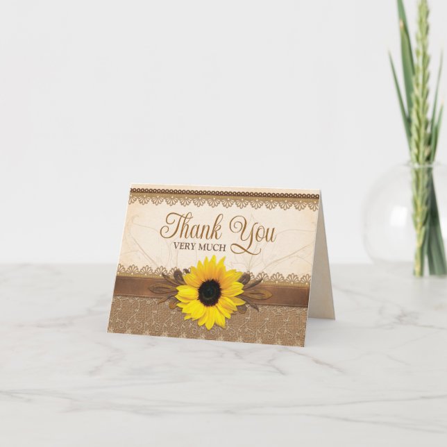Cartão De Agradecimento Casamento Rustic Burlap Lace Wood Sunflower (Frente)