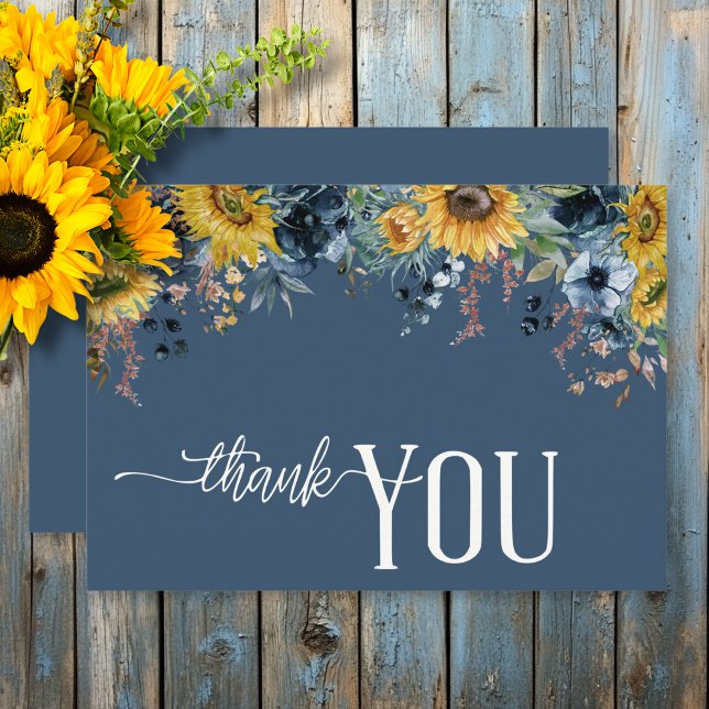 Cartão De Agradecimento Casamento Rustic Dusty Blue Sunflower (Rustic Dusty Blue Sunflowers Wedding Thank You Card)