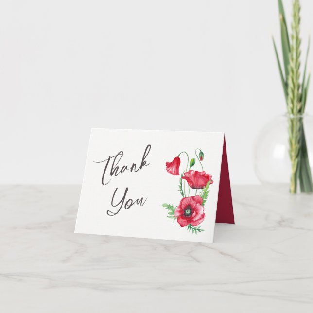 Cartão De Agradecimento Casamento Rustic Elegant Watercolor Red Poppy (Frente)