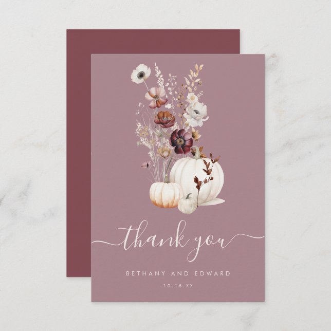 Cartão De Agradecimento Casamento Rustic Fall Floral Pumpkin (Frente/Verso)