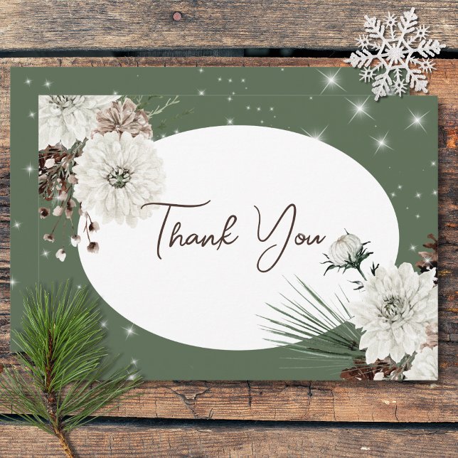 Cartão De Agradecimento Casamento Rustic Green Pine Winter Sparkle (Rustic Green Pine Winter Sparkle Wedding Thank You Card)