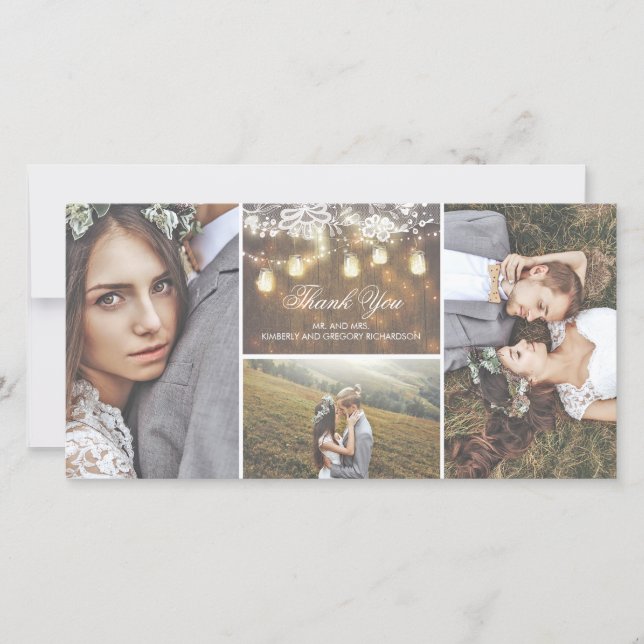 Cartão De Agradecimento Casamento Rustic Lace e Mason Jar Lights Obrigado (Frente)