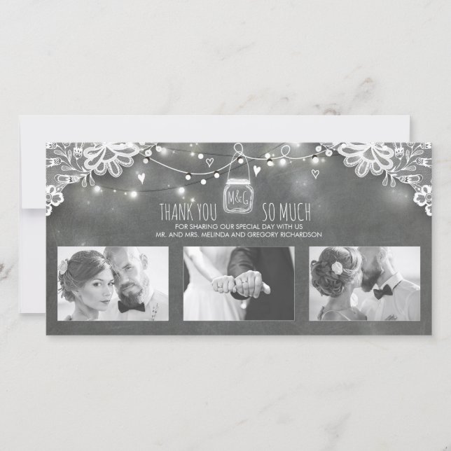 Cartão De Agradecimento Casamento Rustic Mason Jar Lights Lace Obrigado (Frente)