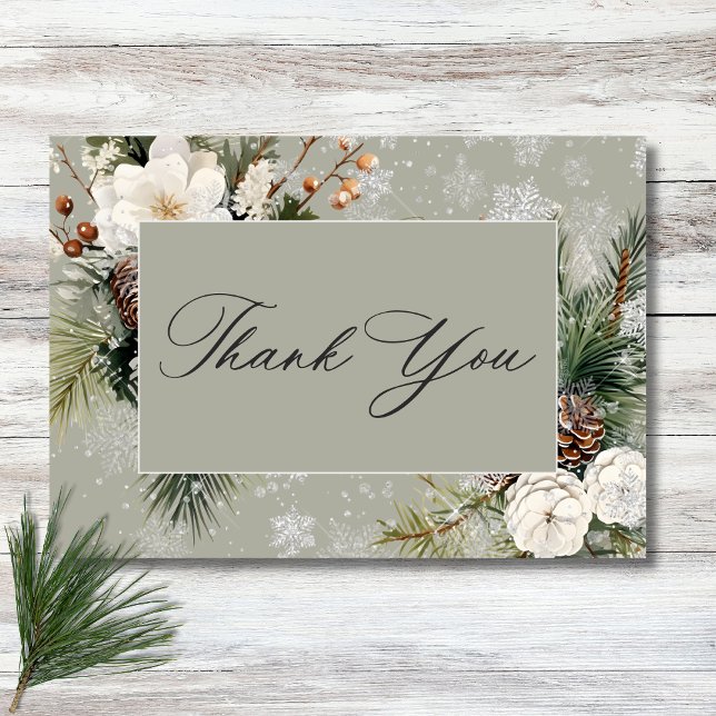 Cartão De Agradecimento Casamento Rustic Snowfall Pine & White Floral Sage (Rustic Snowfall Pine & White Floral Sage Wedding Thank You Card)