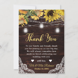 Cartão De Agradecimento Casamento Rustic Sunflower e Mason Jar Lights