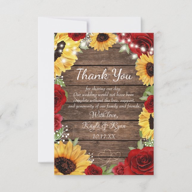 Cartão De Agradecimento Casamento Rustic Sunflower Rosa Wood Background (Frente)