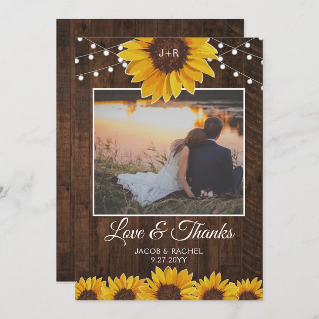 Cartão De Agradecimento Casamento Rustic Sunflower & String Lights (Frente/Verso)