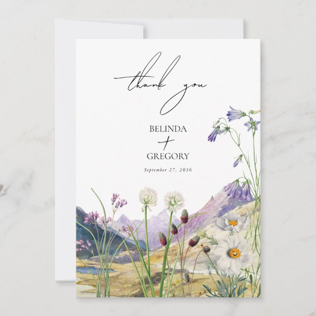 Cartão De Agradecimento Casamento Rustic Watercolor Wildflower Mountain (Frente)