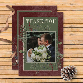 Cartão De Agradecimento Casamento Rustic Winter Berries & Pine Burgundy