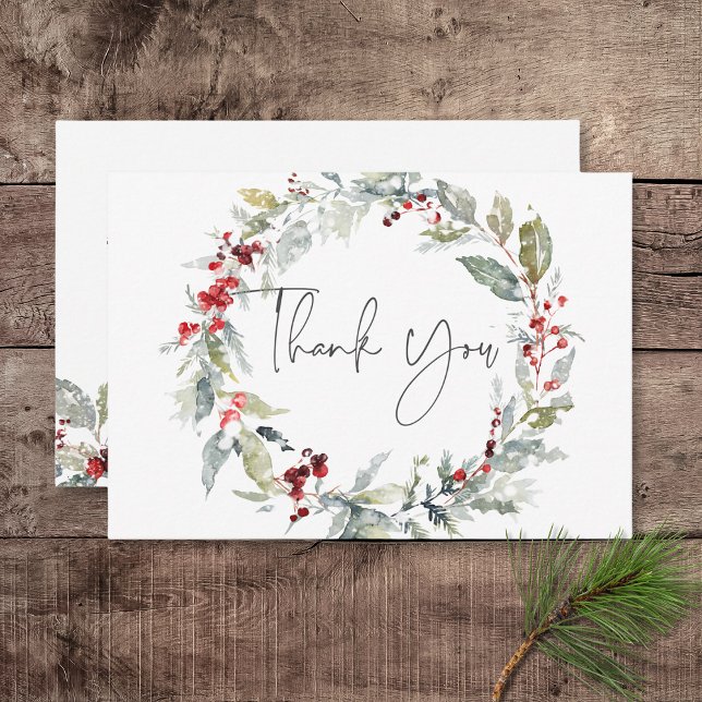Cartão De Agradecimento Casamento Rustic Winter Holly Berries & Snow (Rustic Winter Holly Berries & Snow Wedding Thank You Card)