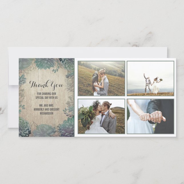 Cartão De Agradecimento Casamento Rustic Wood and Succulents Obrigado (Frente)