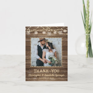 Cartão De Agradecimento Casamento Rustic Wood Mason Jar Lights Obrigado