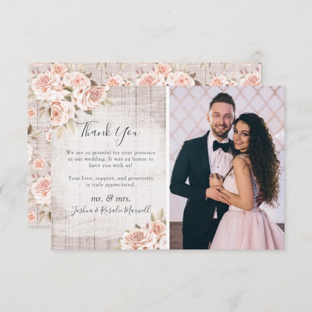 Cartão De Agradecimento Casamento Rustic Wood & Rosas Shabby Obrigado Foto (Frente/Verso)