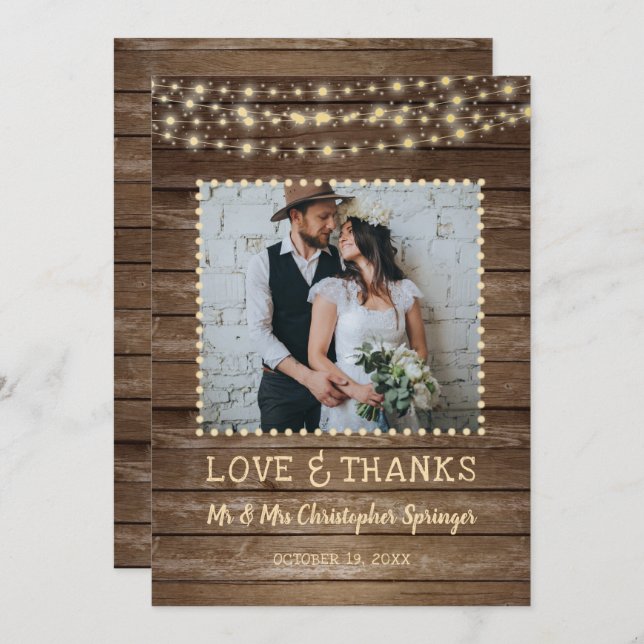 Cartão De Agradecimento Casamento Rustic Wood String Lights Obrigado (Frente/Verso)