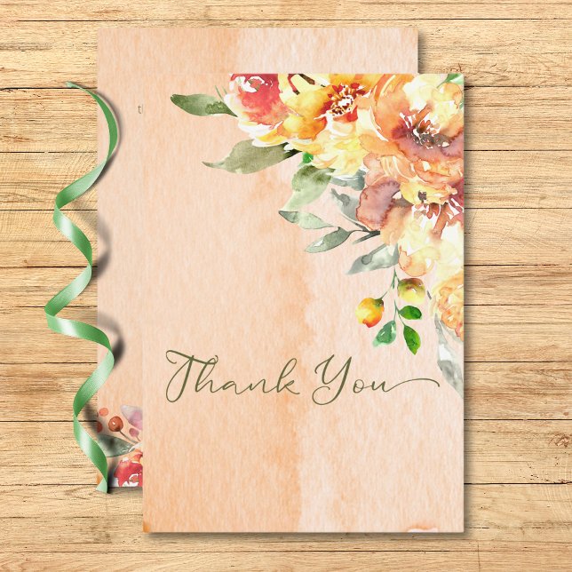 Cartão De Agradecimento Casamento Rustic Yellow Orange & Peach Rosa (Rustic Yellow Orange & Peach Roses Wedding Thank You Card)