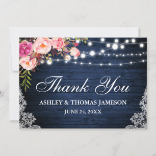 Cartão De Agradecimento Casamento Rústico Azul Madeira Rosa Floral Luzes R