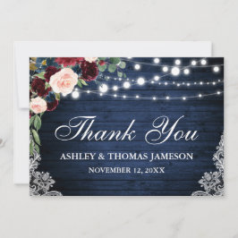 Cartão De Agradecimento Casamento Rústico Madeira Azul Borgonha Floral