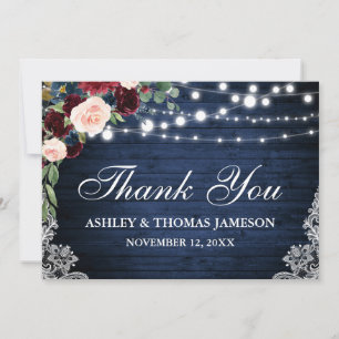Cartão De Agradecimento Casamento Rústico Madeira Azul Burgundy Floral
