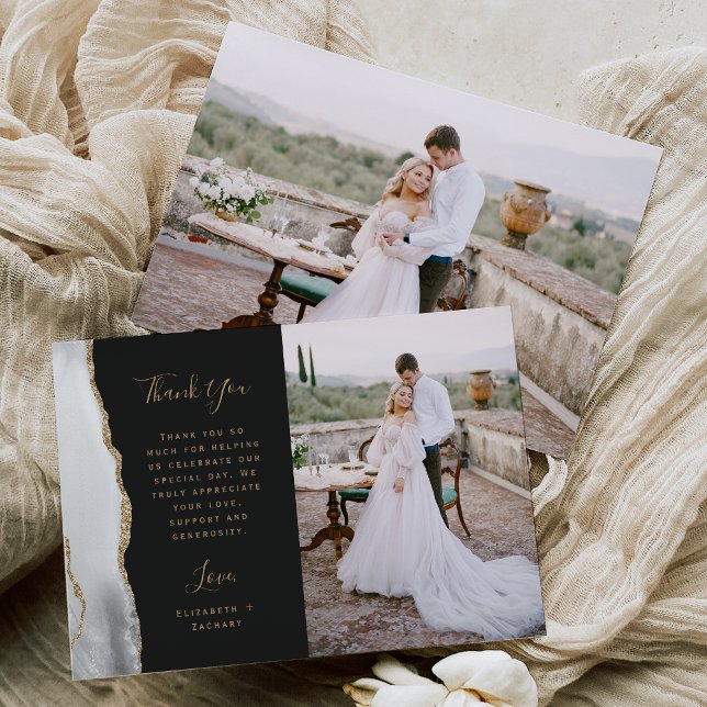 Cartão De Agradecimento Casamento Script Dourado Ágata Branco Cinza Foto (Criador carregado)