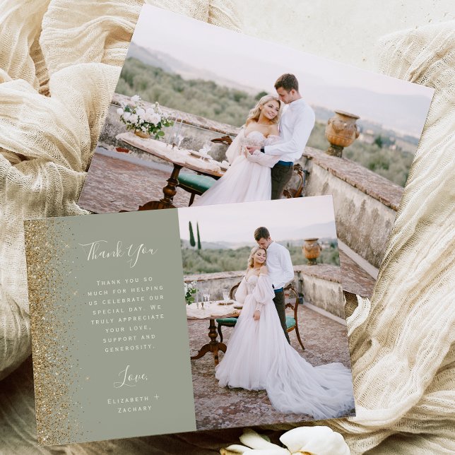 Cartão De Agradecimento Casamento Script Verde Sage Dourado Brilho (Criador carregado)