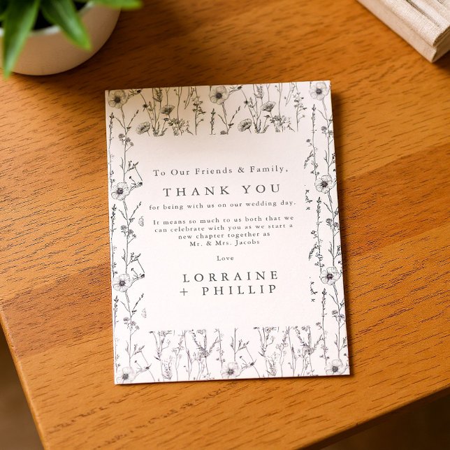 Cartão De Agradecimento Casamento sem costura de flores silvestres (Whimsical wild flowers seamless pattern wedding thank you card.)