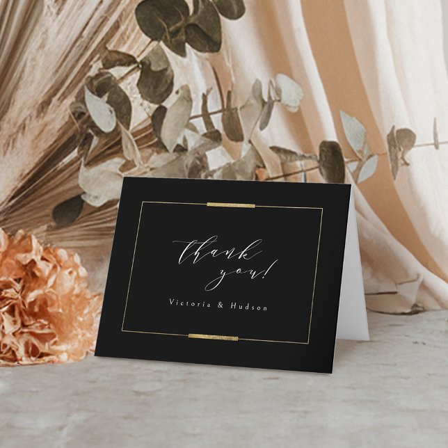 Cartão De Agradecimento Casamento Simples Clássico Preto Elegance com Mold (Framed Elegance Black Simple Modern Classy Wedding Thank You Card)