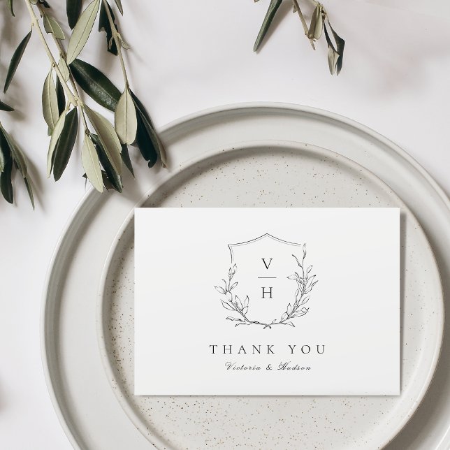 Cartão De Agradecimento Casamento simples da crista botânica monograma (Simple elegance botanical crest monogram wedding thank you card)