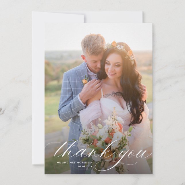 Cartão De Agradecimento Casamento simples de caligrafia branca moderna (Frente)