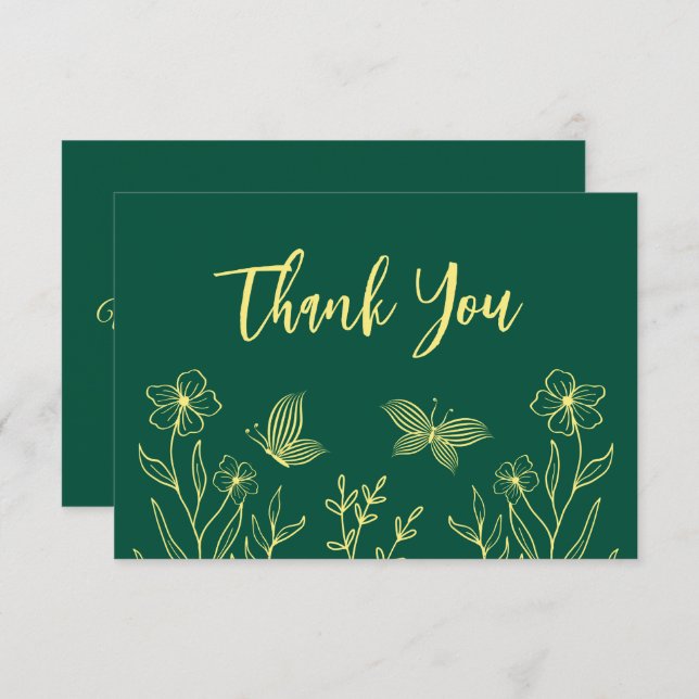 Cartão De Agradecimento Casamento simples de flores douradas esmeraldas (Frente/Verso)