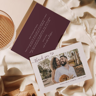 Cartão De Agradecimento Casamento Simples de Foto do Coração Burgundy Boho