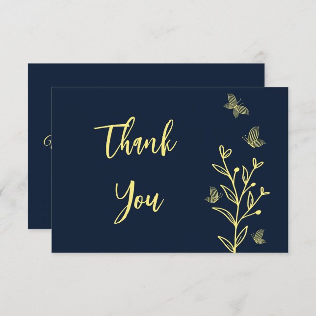 Cartão De Agradecimento Casamento simples de marinho de flores douradas (Frente/Verso)