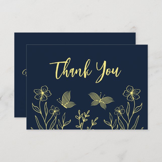 Cartão De Agradecimento Casamento simples de marinho de flores douradas (Frente/Verso)