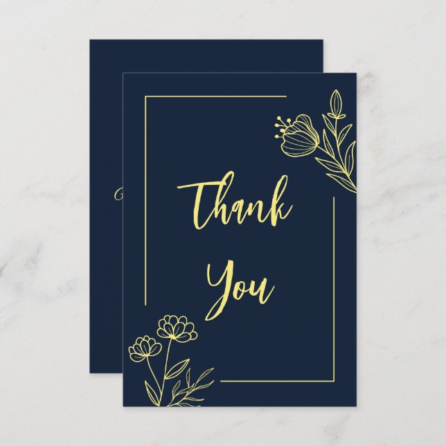 Cartão De Agradecimento Casamento simples de marinho de flores douradas (Frente/Verso)